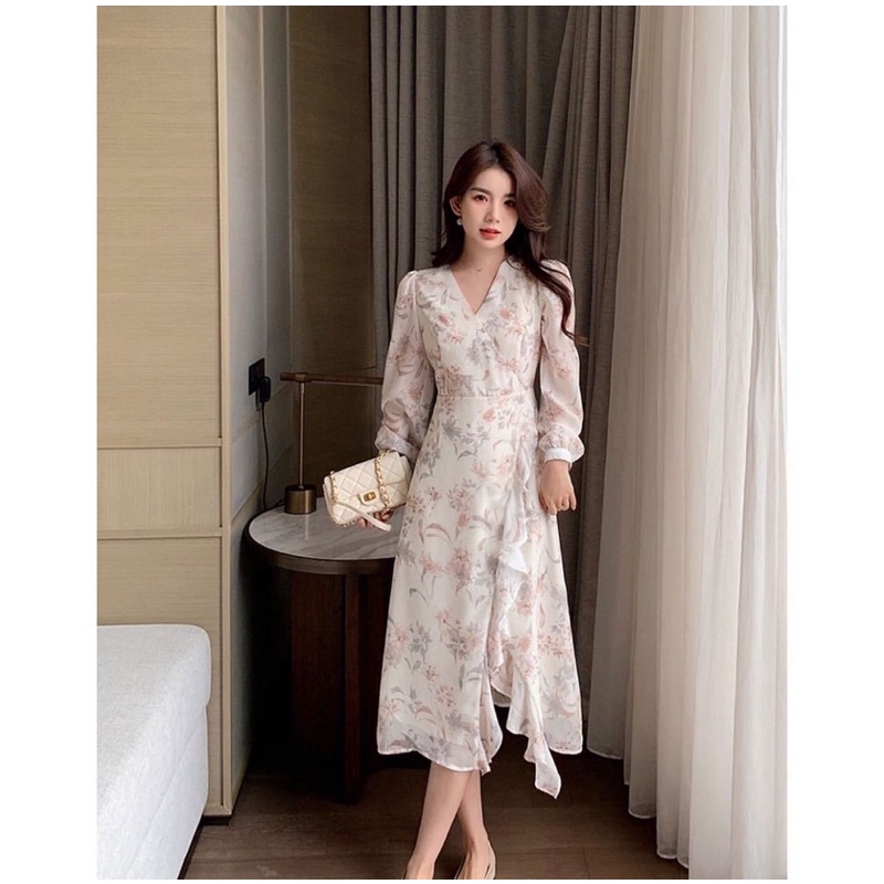 Silapan Dress Floral Korean Vintage Summer Pantai Gaun Manis Cantik Bunga Midi Hijab Lengan Panjang 