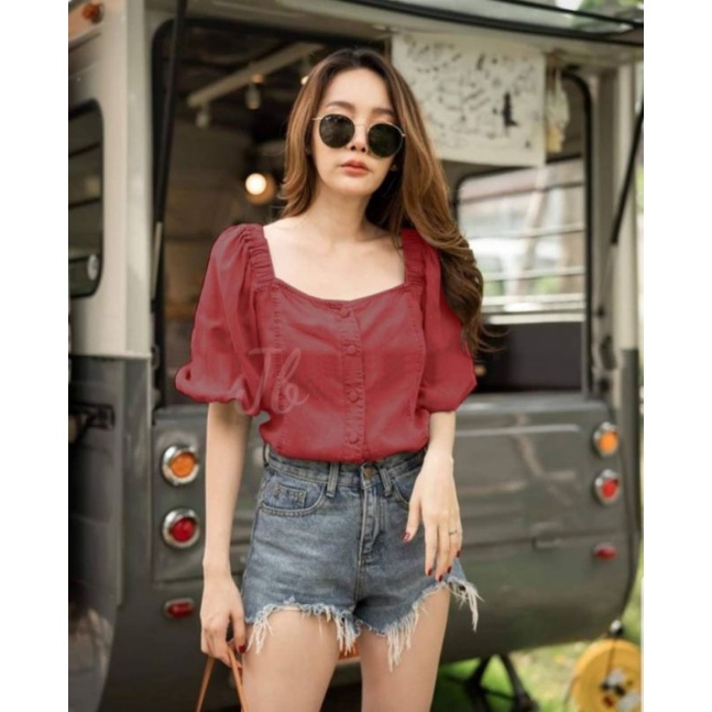 A364 Blouse Puff Sleeve, Blouse Korea, Atasan Puff, Baju Korea, Top Wanita, Baju Merah Natal