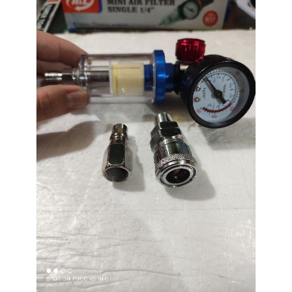 regulator kompresor + saringan air  + coupler set spray gun 1/4 (regulator + saringan air  + coupler set kompresor  buat ngecat )