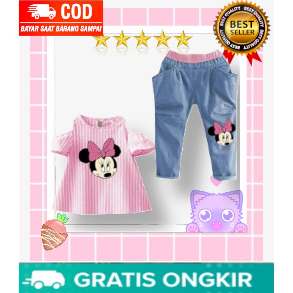 VISION ONLINE-SET STRIPE MINIE PINKY || Setelan anak perempuan cewek minnie mouse off shoulder pink