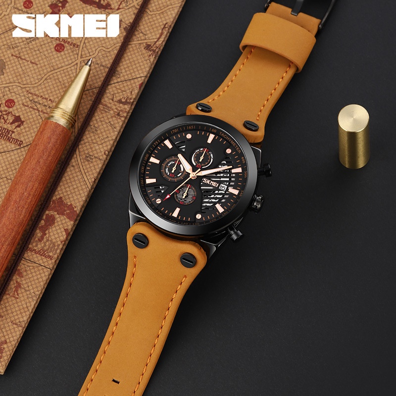 SKMEI 9282 Jam Tangan Pria Analog Chronograph Tali Kulit WATCHKITE WKOS