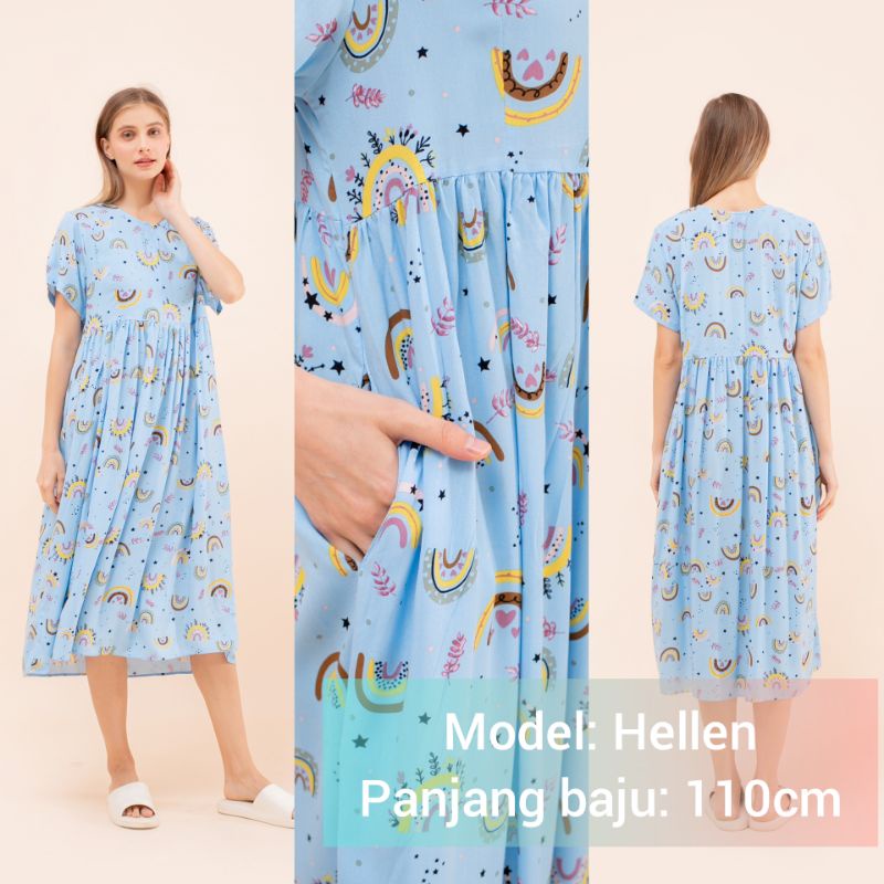 DASTER KHALIFS SLEEPWEAR EXCLUSIVE KHALIF'S ID HOMEWEAR HOMEDRESS RAYON VALENCIA SUPER PREMIUM BUSUI BAJU HAMIL FRIENDLY MIDI NYAMAN GEMES ADEM TERBARU-HELEN Rainbow Blue