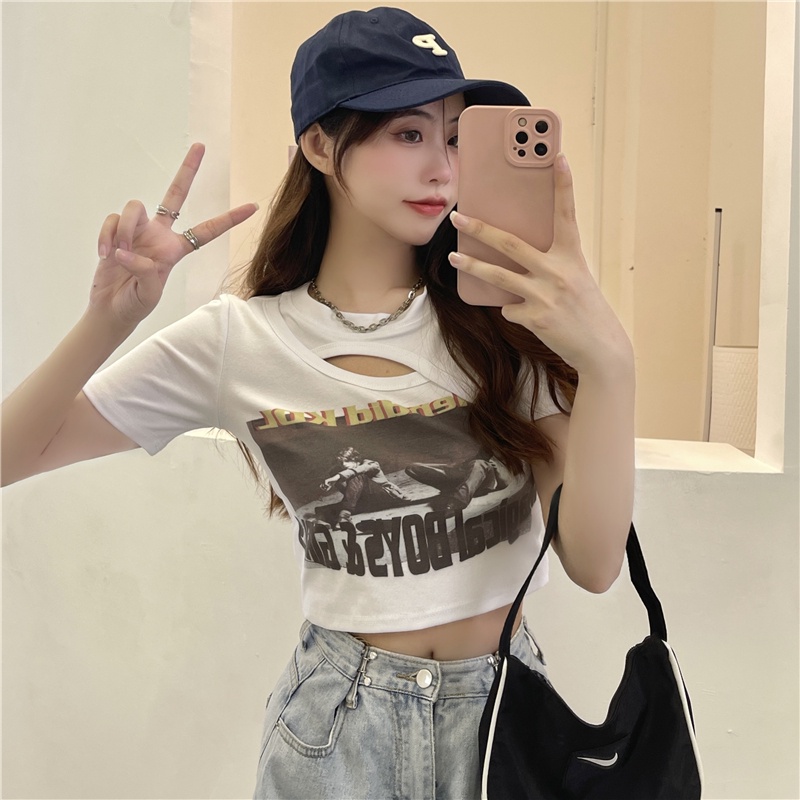 Musim panas wanita Korea baru crop top printing kaos lengan pendek berongga seksi kreatif