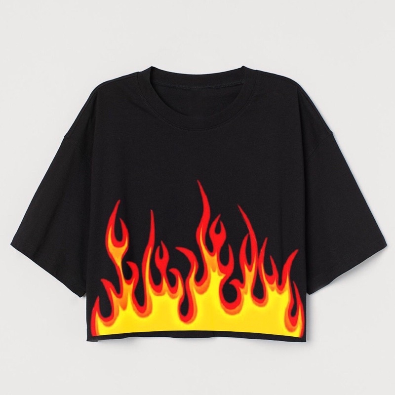 CROP TEE MOTIF API | KAOS BAJU CROP TOP FIRE KOREA STREETWEAR OVERSIZE HITAM