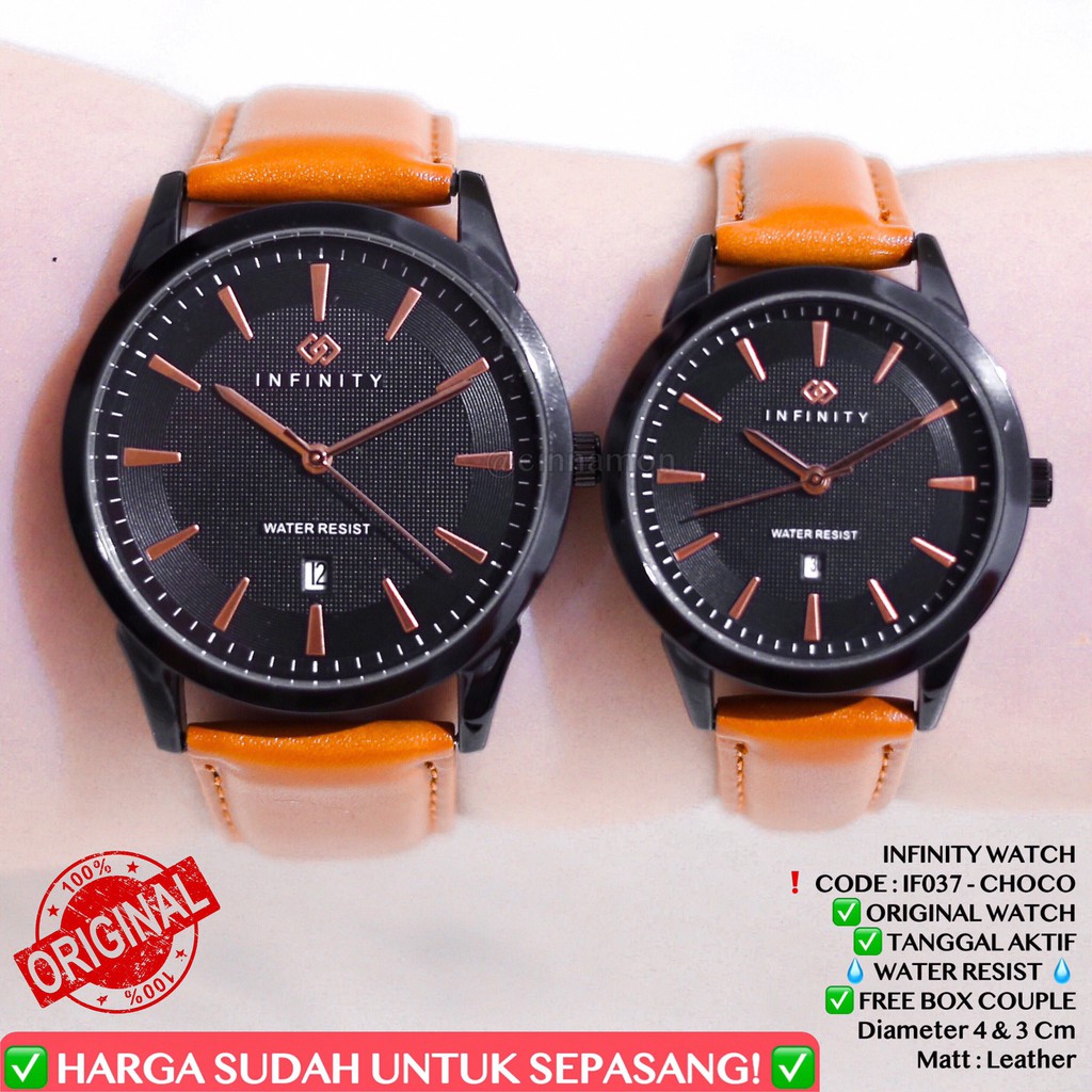 Jam tangan couple INFINITY ORIGINAL anti air pasangan wanita pria tali kulit tanggal aktif free box IF037