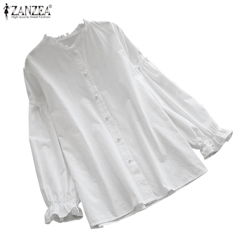 ZANZEA Women Vintage Long Sleeve Breasted Ruffled Crew Neck Blouse