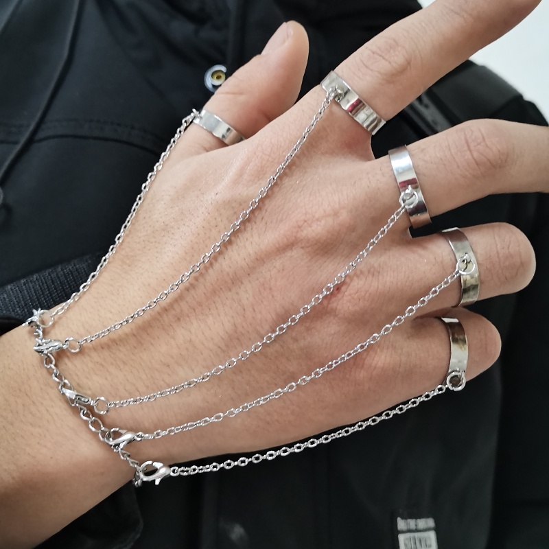 Set Gelang Rantai Cincin Geometris Warna Silver Gaya Punk Untuk Pria Dan Wanita