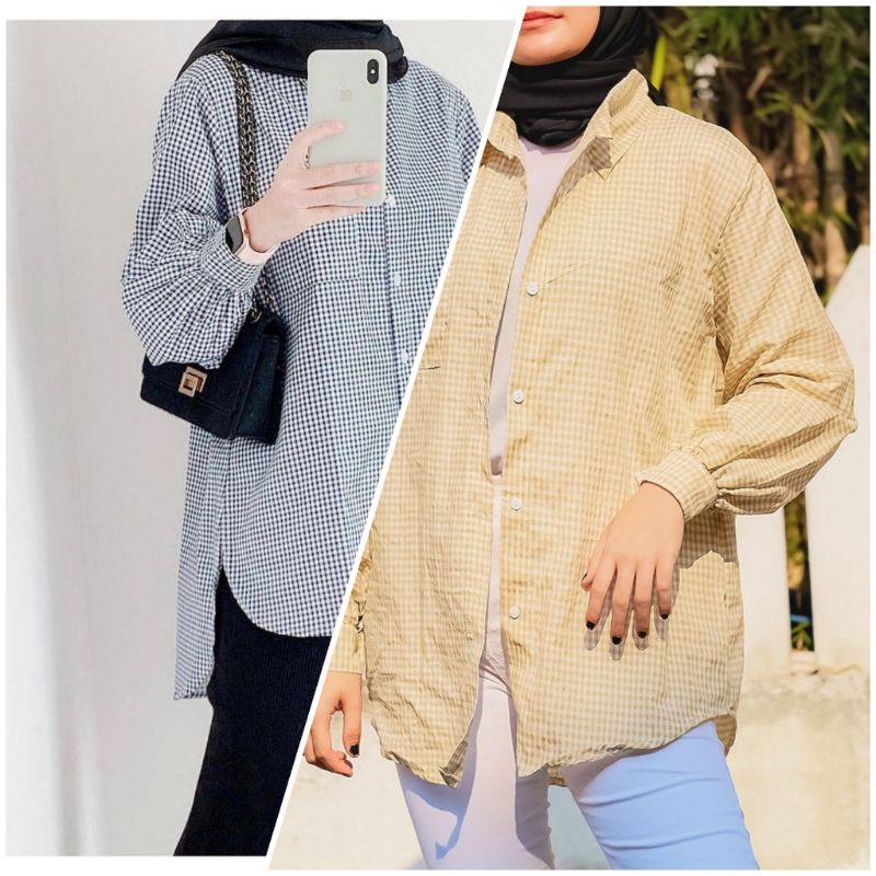 Atasan kemeja wanita model square tunik kotak kotak