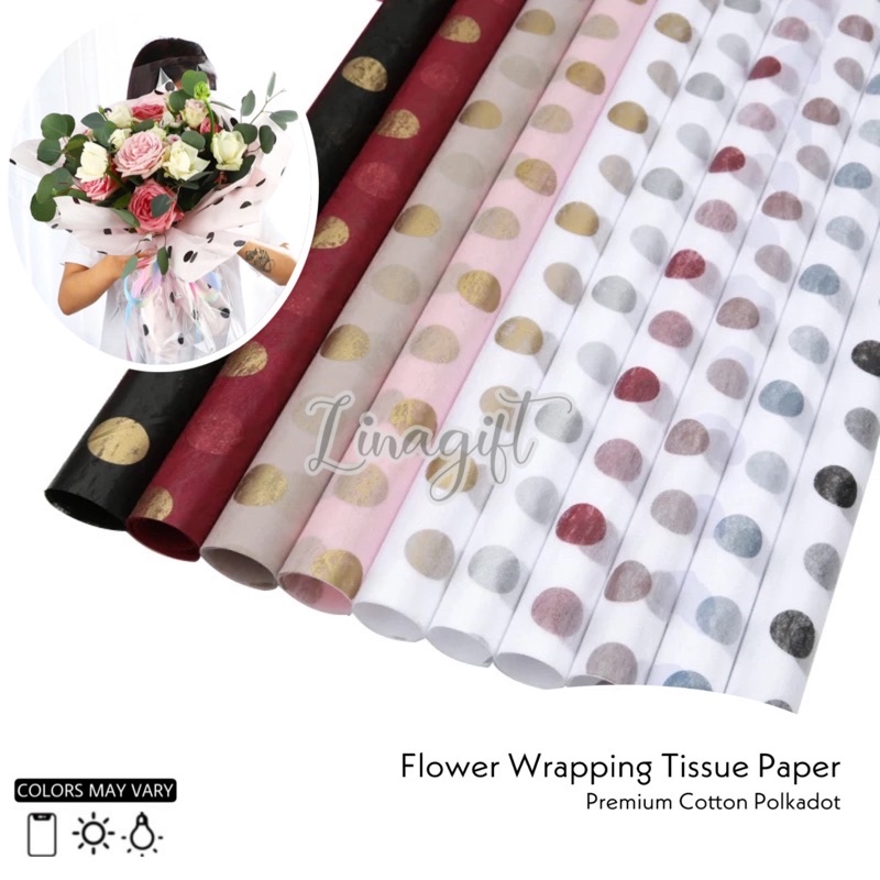 ( 5 Lembar ) PREMIUM COTTON POLKADOT - FLOWER WRAPPING TISSUE PAPER WATERPROOF - KERTAS TISU BUNGA ONDE DOT RANGKAIAN BUKET FLORIST