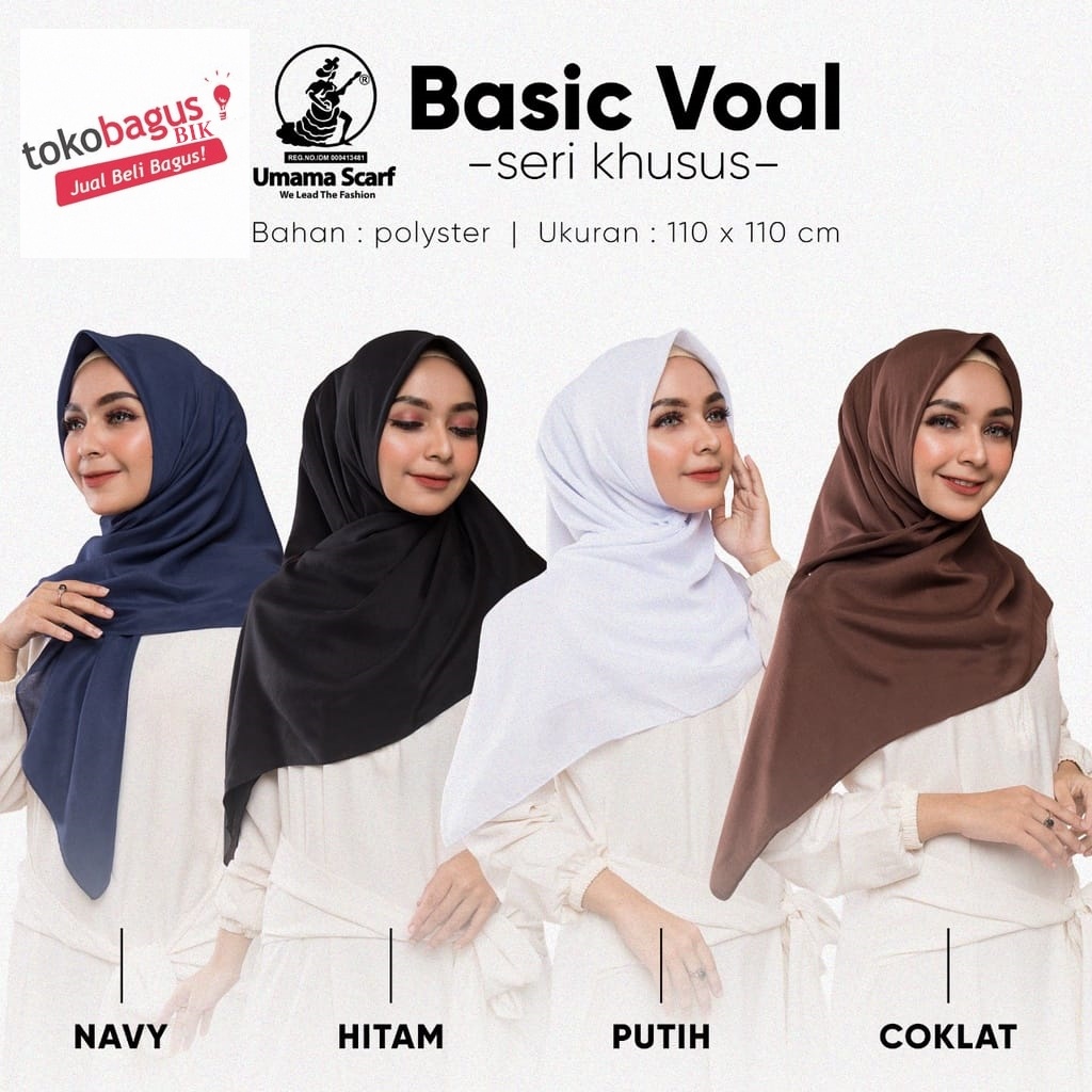 HIJAB SEGIEMPAT POLOS BASIC VOAL UMAMA JAHIT TEPI 110x110 / KERUDUNG SEKOLAH KULIAH KERJA / JILBAB B