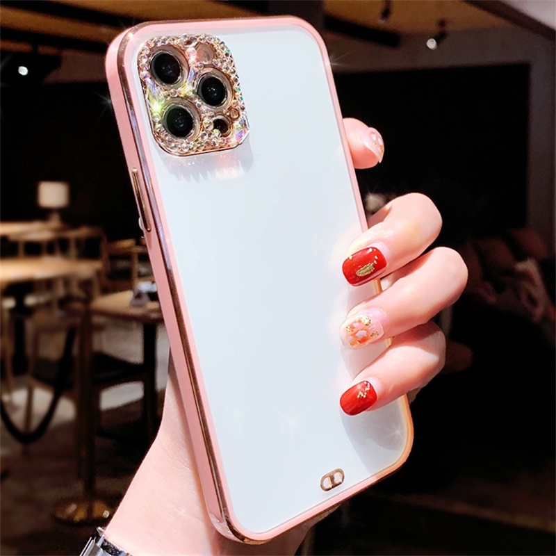 Soft Case Transparan Frame Electroplated Glitter Berlian Kamera Untuk iPhone 13 12 11 Pro X XS Max Mini XR SE2 7 8 Plus