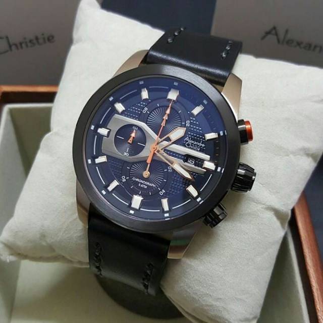 Jam Tangan Keren Elegant Pria Alexandre Christie AC 6270 MC Leather Black Soft Rosegold Original
