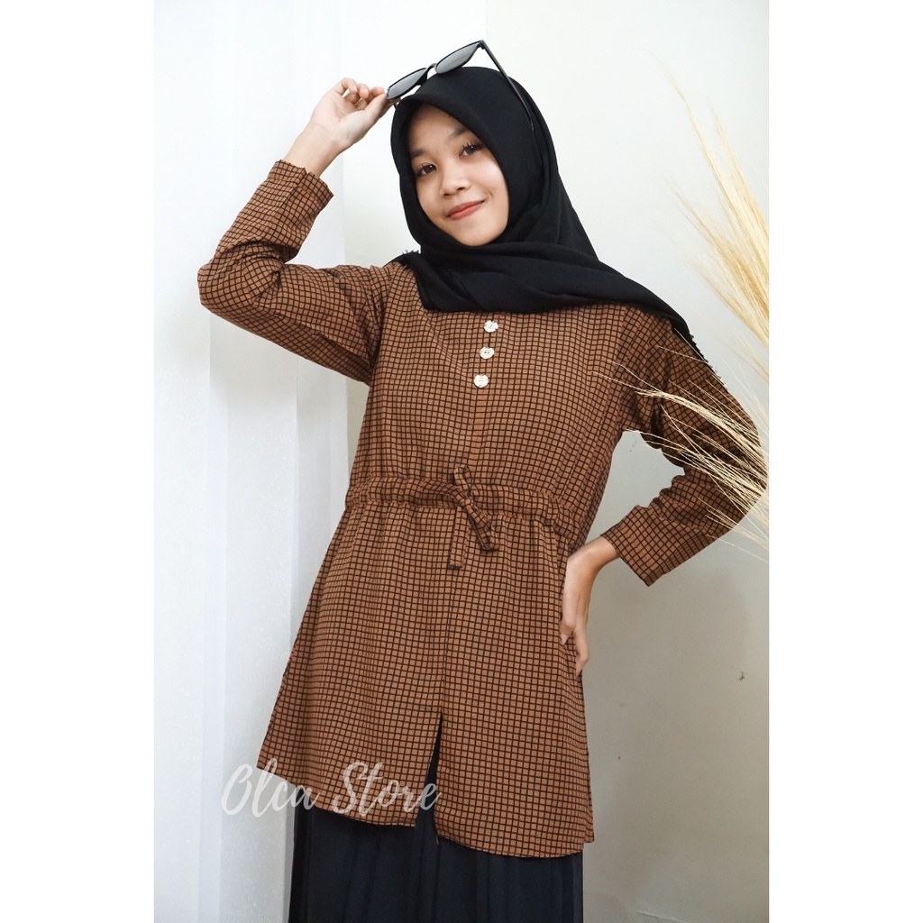 Tunik Wanita Kotak-Kotak Tali Depan | Fashion Wanita Atasan Tunik Wanita Remaja/Dewasa | Pakaian Mus