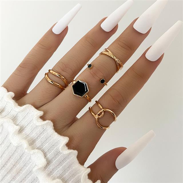 Trendi Unik retro hitam enam sisi geometris tetes minyak cincin berongga lima buah set