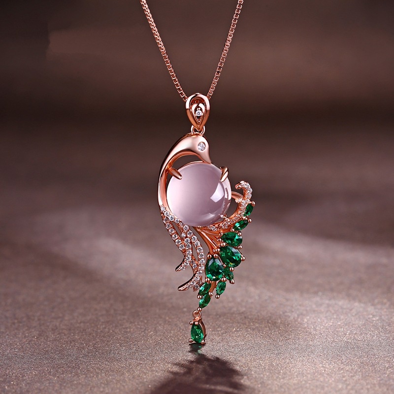 [Ready Stock]Fashion Inlaid Ross Quartz Necklace Pink Crystal Peacock Pendant