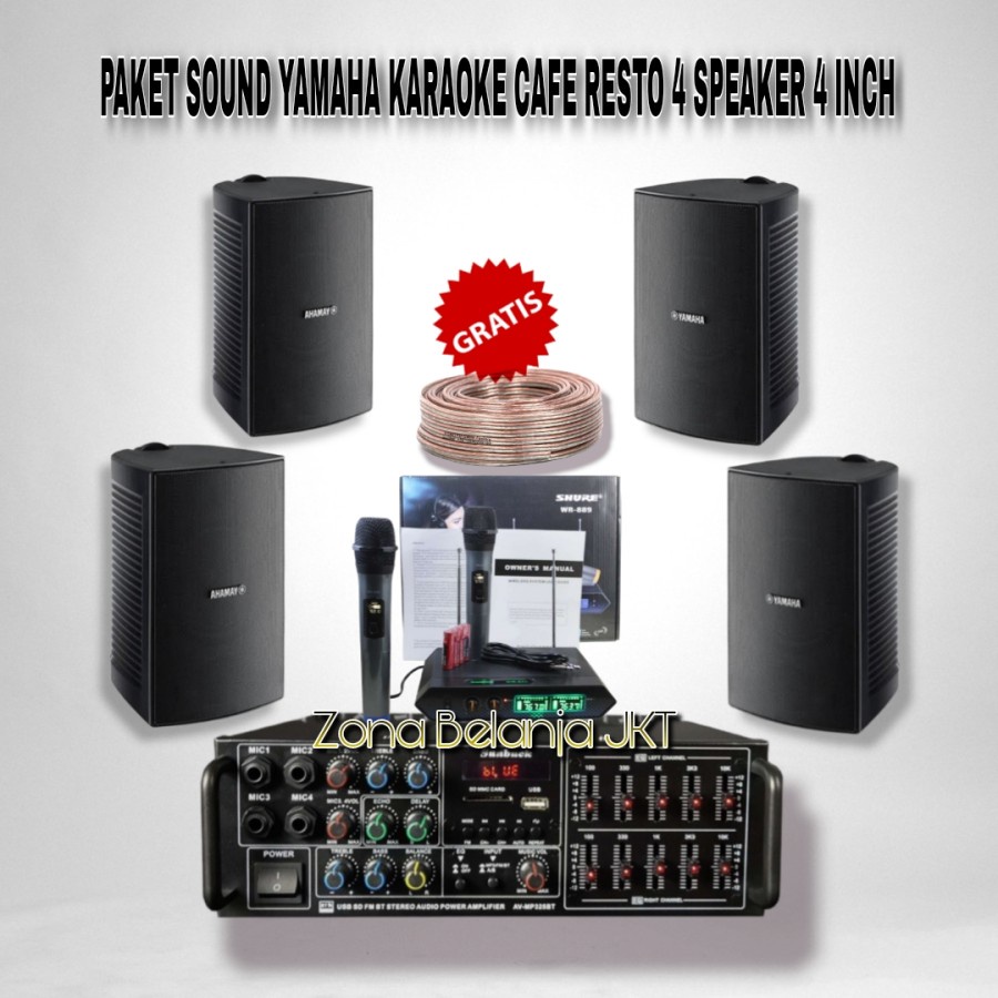 PAKET SOUND SPEAKER YAMAHA VS4 4 INCH 4 SPEAKER CAFE RESTO KLINIK PANGGILAN AMPLI USB BLUETOOTH MIC WIRELESS (YMH-8)