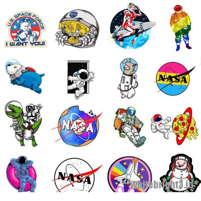 (White3) 50pcs Stiker Motif Kartun Astronot Klasik Anti Air