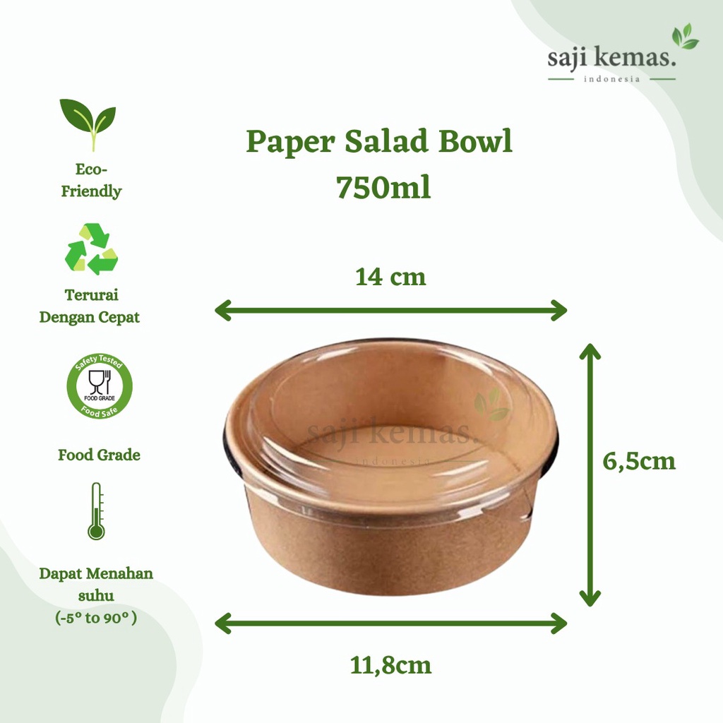 Paper Bowl 750ml+TUTUP/ Salad Bowl/ Mangkuk Kertas/ Rice Bowl / Brown Paper Bowl/ Wadah Sup Kertas