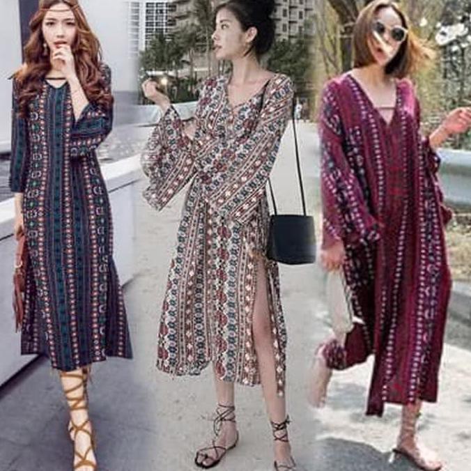 dress bohemia / dress lengan panjang retro dress lengan panjang v neck - NAVY