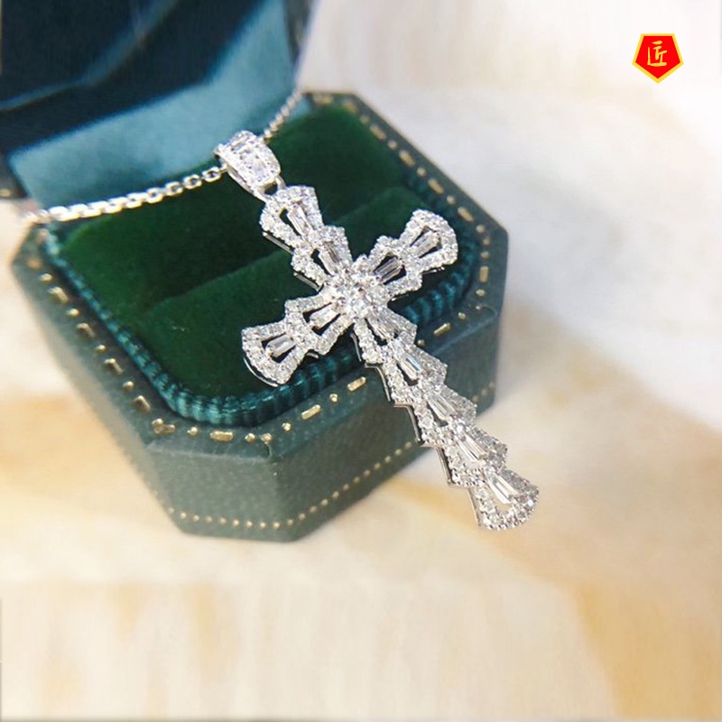 [Ready Stock]T Square Zircon Pendant Full Diamond Cross Necklace for Women