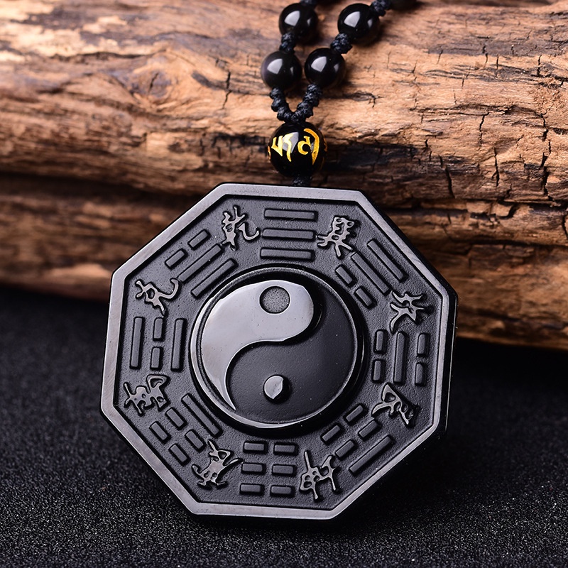 Kalung Jimat Liontin Manik-Manik Batu Hitam Yin Yang Tai Chi Gosip Gaya Cina Retro Untuk Pria Dan Wanita