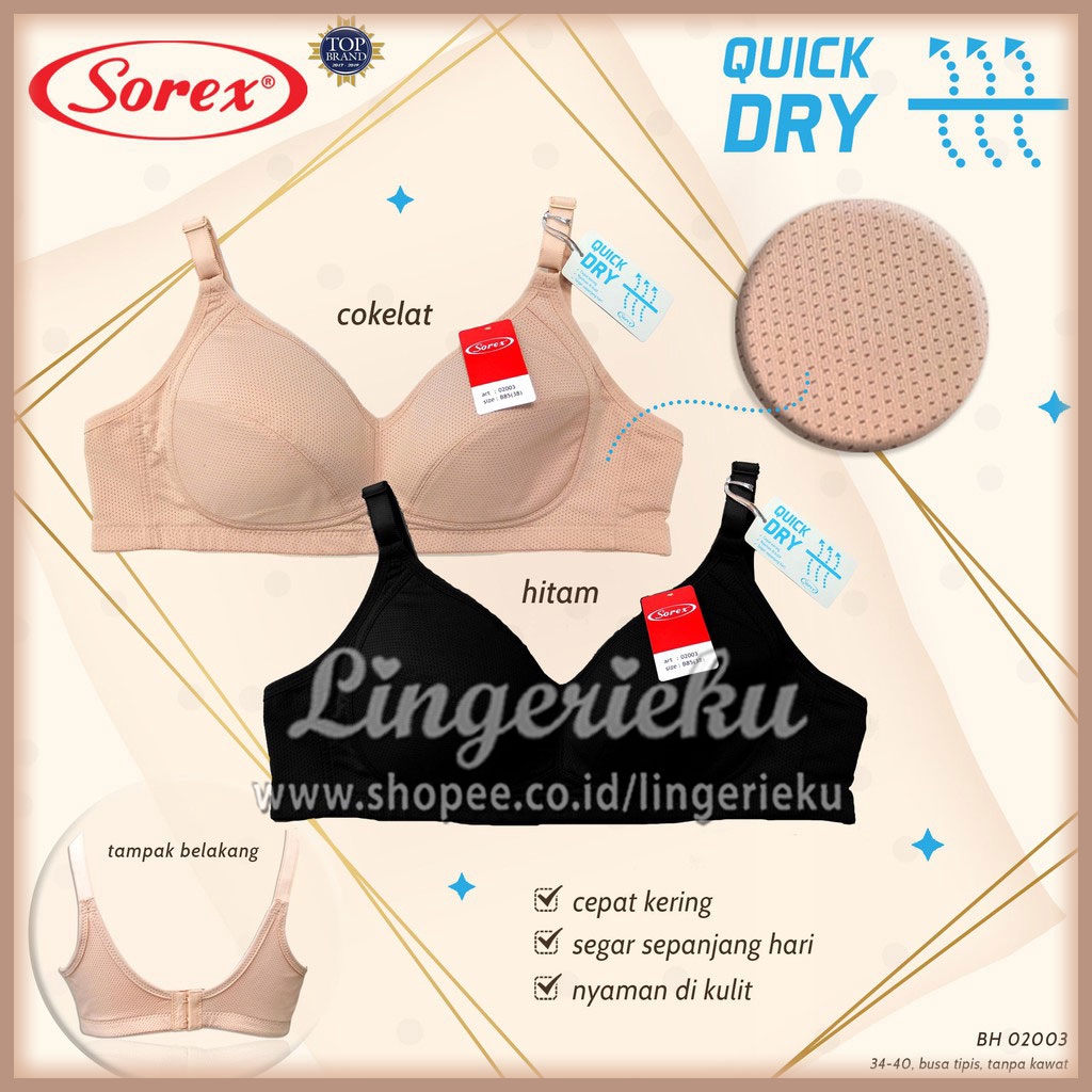 Sorex 02003 BH Bra Wanita Tanpa Kawat Busa Tipis Kait 2 Setara Cup B Quick Dry