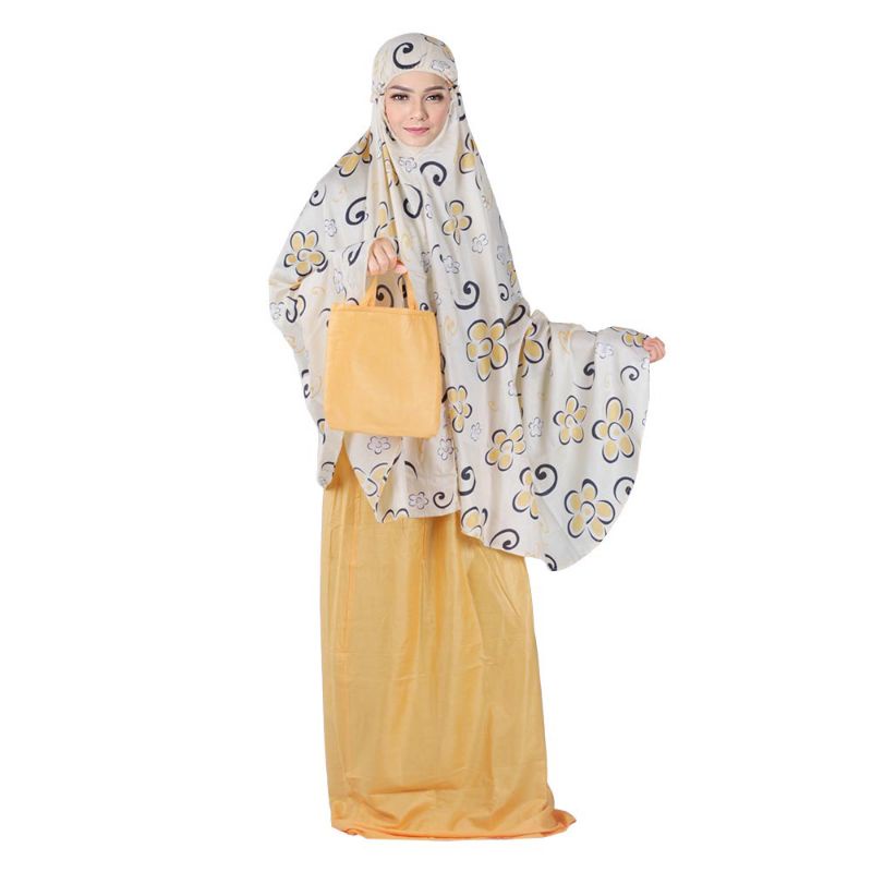 Mukena Sholat Wanita Dewasa Rayon Bali Premium Cantik Adem Putih Kombinasi Kuning