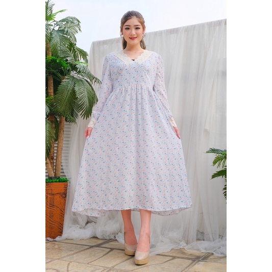 Long Tunic V Neck Retro Flower Casual Dress with Lace Application ( Long Tunik Bunga Korea Sifon )