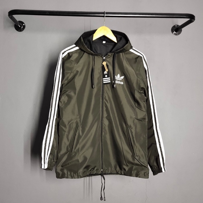 Jaket Pria Parasut Adidas Windbteaker Hitam List Putih XL XXL - Jaket Parsut Jumbo - Jaket Olahraga - Trendy Pria Wanita Sauna Joging Murah Pembakar Lemak Running Pelindung Uv Essentials Hoodie Windbreaker