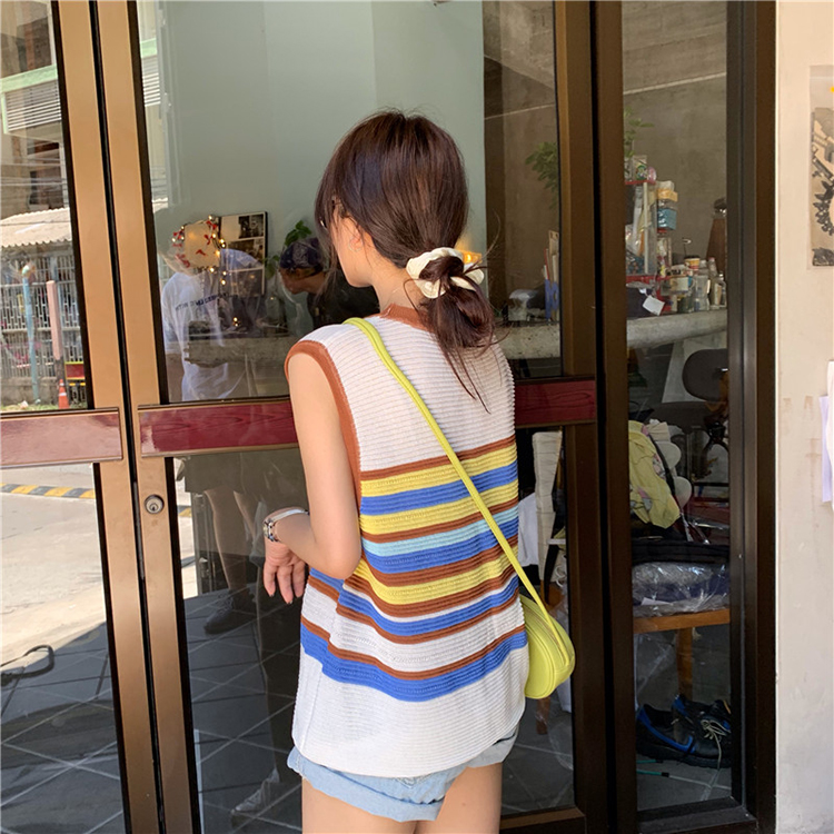 MOOGU ♡ Atasan lengan pendek rompi rajutan bergaris untuk wanita