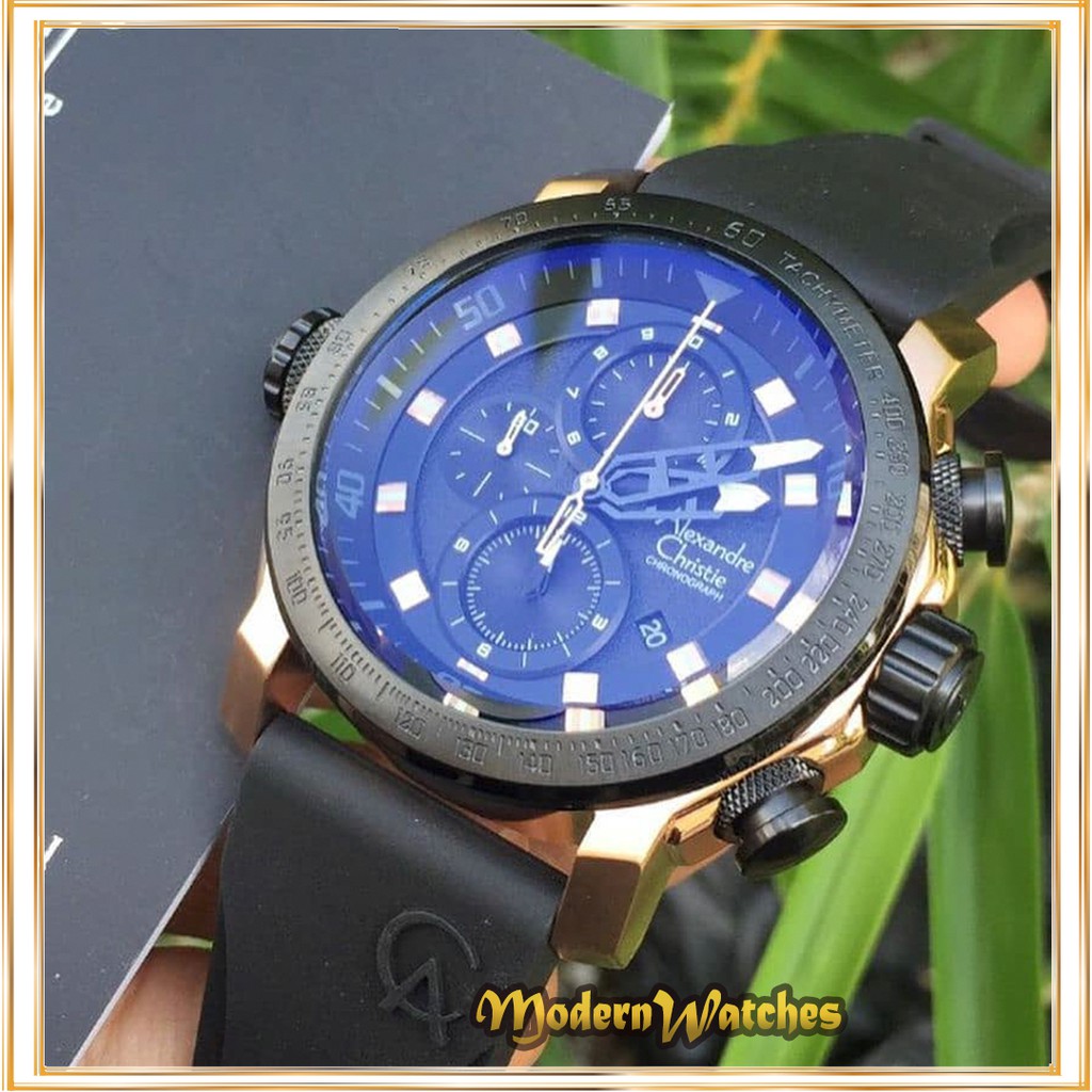 Jam Tangan Ori Pria Alexandre Christie AC 6565 Black Rosegold Hitam Karet Alexander Terlaris Terbaru