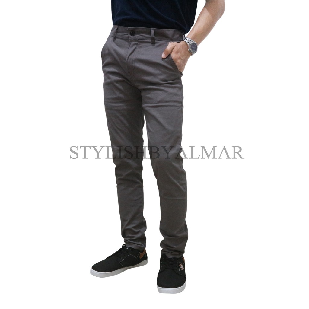 Celana chino panjang pria cowok slim fit ukuran jumbo big size bahan melar premium hitam cream abu mocca