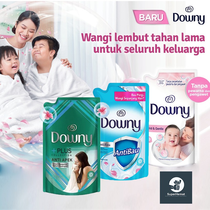 Grosiran Downy Plus - Anti Apek / Anti Bau / Mild & Gentle - Pelembut Pewangi Pakaian - Pouch 680ml 