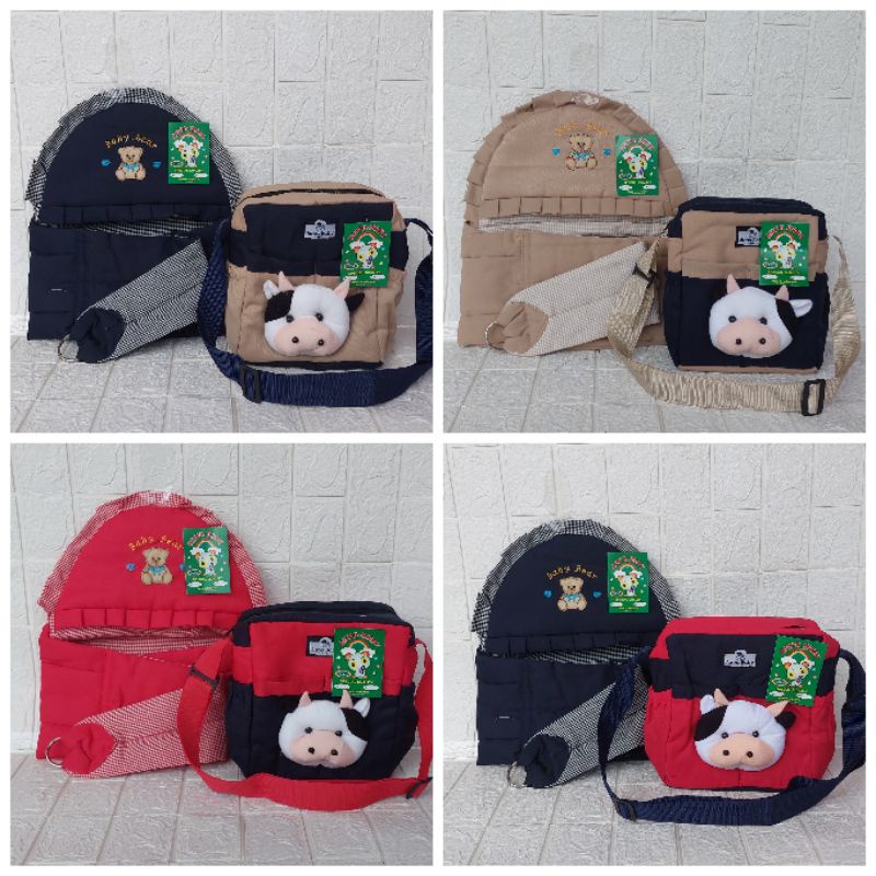 Tas Bayi Boneka Sapi Dan Gendongan Bayi Samping Topi Bordir (2 in1)