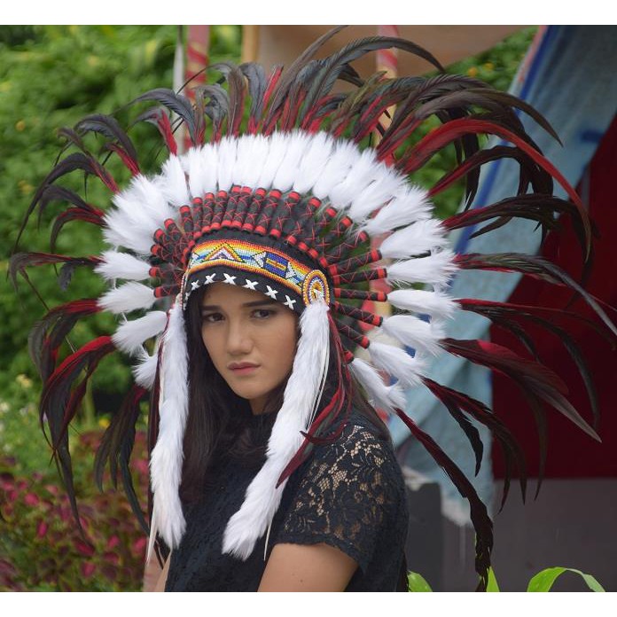 TOPI INDIAN - INDIAN HEADDRESS SMALL AYAM MONTE HITAM PUTIH