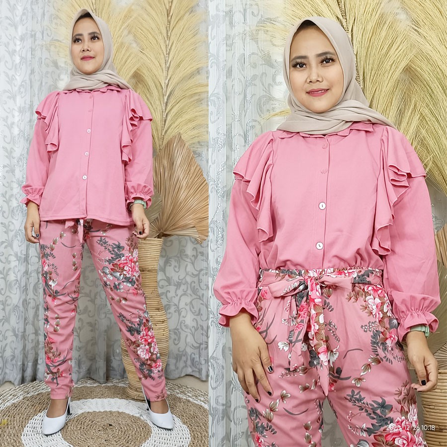 SETELAN MELISSA BAJU BUSUI DAN CELANA BUNGA TALI IKAT PINGGANG GL FASHION