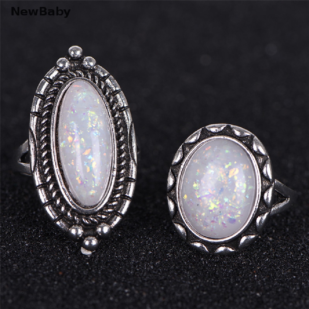 NewBaby 8PCS/Set Ring Silver White Fire Opal Ring Wedding Engagement Ring Women Jewelry ID