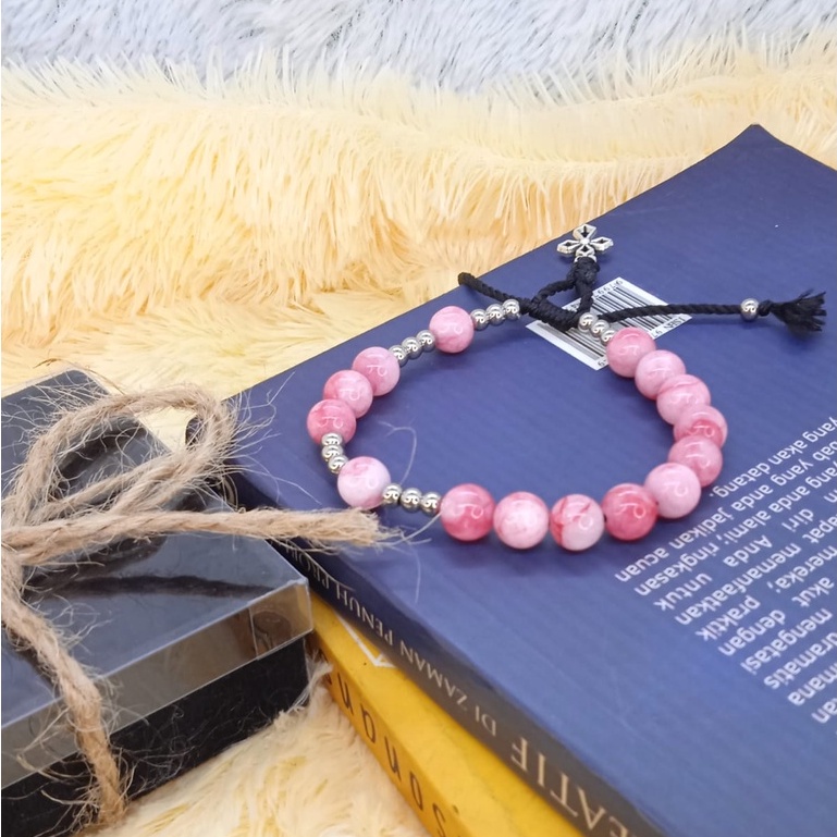 Gelang Rosario Batu Pink Burneo Manik Stainless