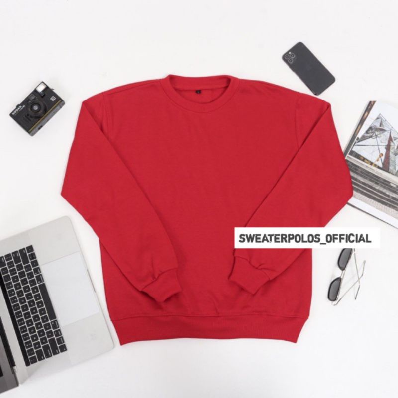 { PREMIUM QUALITY } Basic Sweater Polos Crewneck Pria Wanita / Sweater Crewneck Pria /  Outwear / Sweatshirt / COD / Fleece-CN MERAH