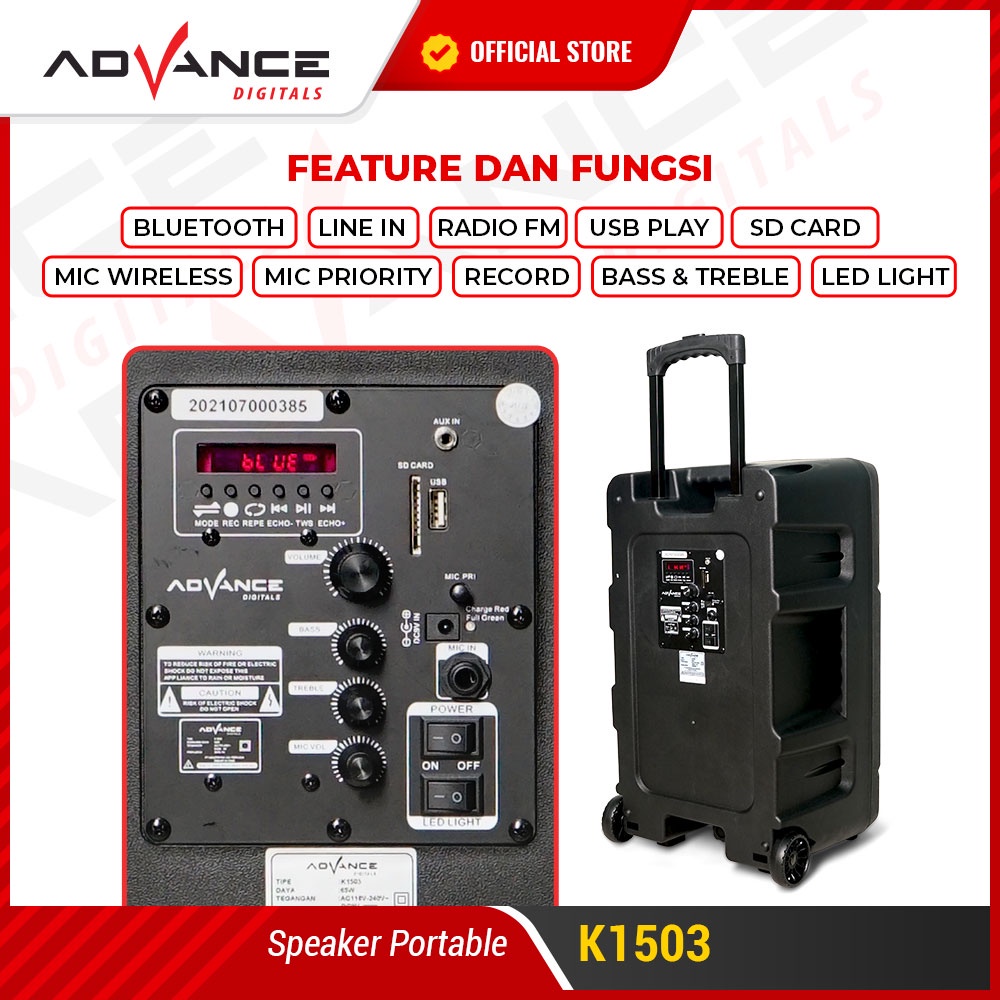 Advance Digitals K1503 Speaker Meeting Bluetooth Salon Aktif 15&quot; Gratis 2 Mic Karoke Batrei Besar RGB Light