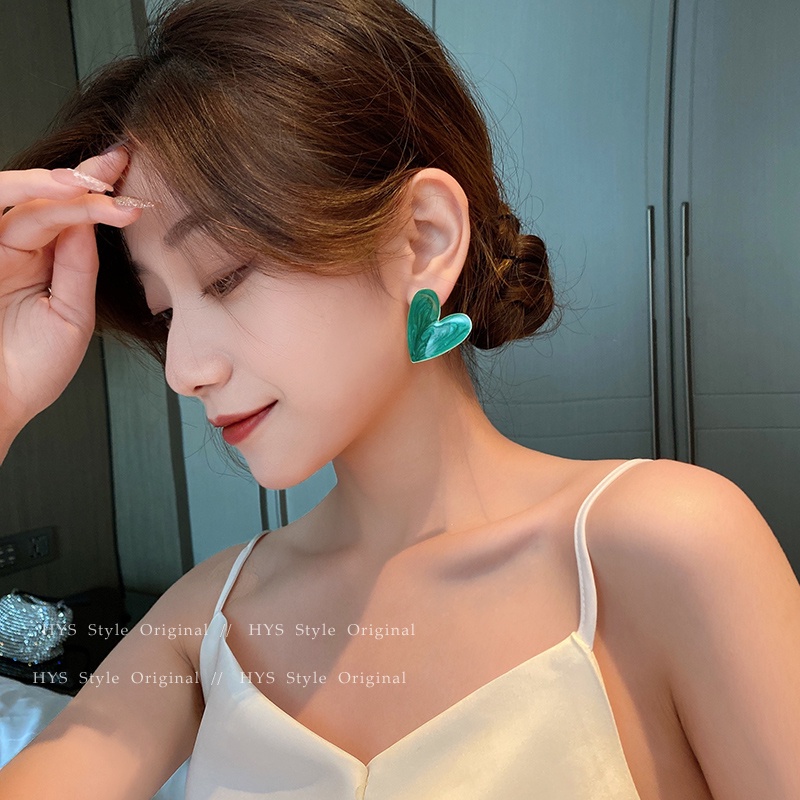 Anting Hati Hijau vintage Elegan Untuk Wanita Aksesoris Telinga Korea