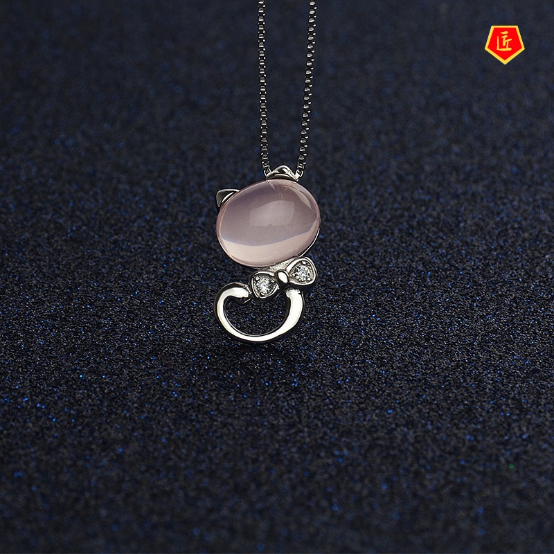 [Ready Stock]Korean Fashion Women Necklace Kitty Pink Crystal Pendant