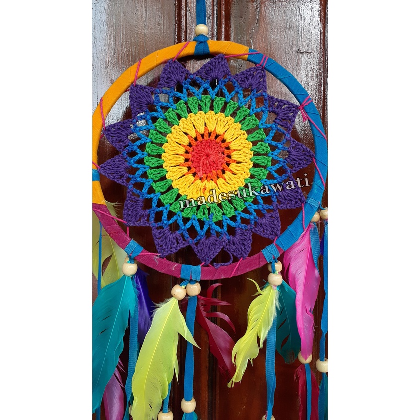 Dream catcher sulam jaring bintang benang diameter 17 panjang 53cm dekorasi hiasan rumah bulu ayam