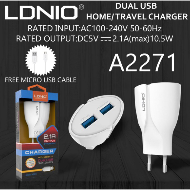 CHARGER CAS LDNIO A2271 2 PORT USB OUTPUT MAX 2.1 A