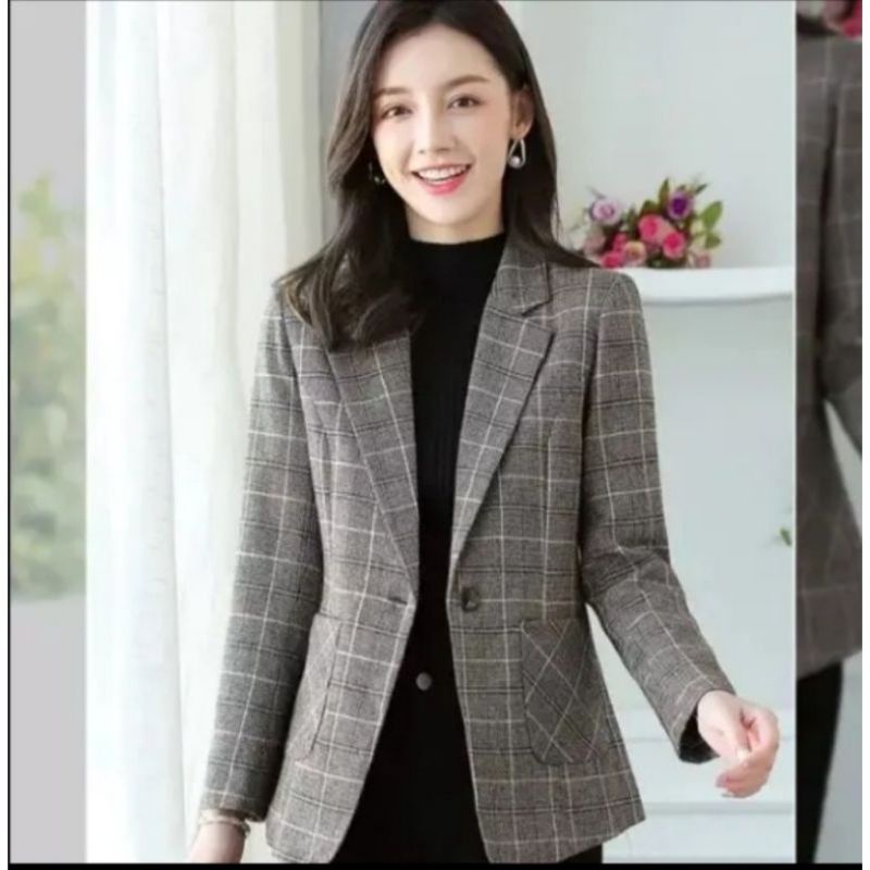 Jas Blazer Wanita motif kotak-kotak-Jas wanita motif kotak terbaru