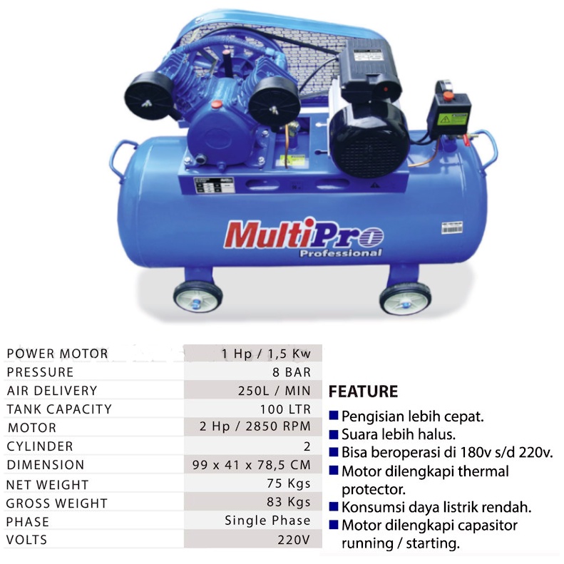 Kompresor Angin Udara MULTIPRO 100L VBC100/100 1Hp / Air Compressor Tabung 100 Liter 1 HP MULTIPRO