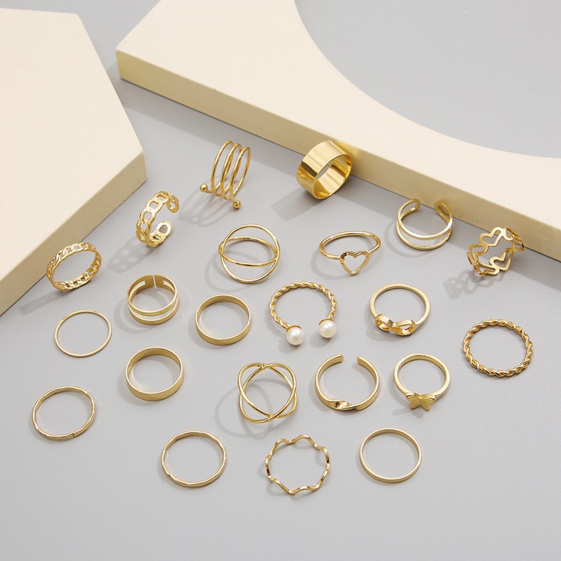 22pcs / Set Cincin Emas Desain Bintang Hias Mutiara Gaya Retro Untuk Wanita