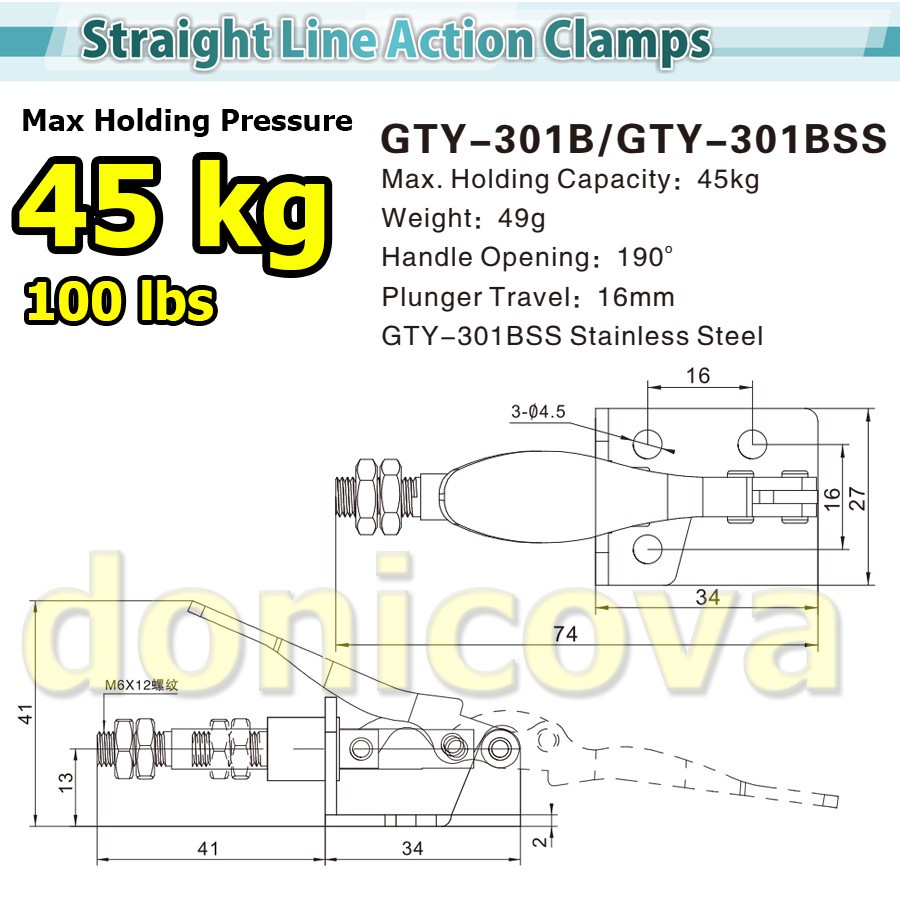 Toggle Clamp Straight Line Push Pull GH 301B GTY 301 B 45kg 100 lbs