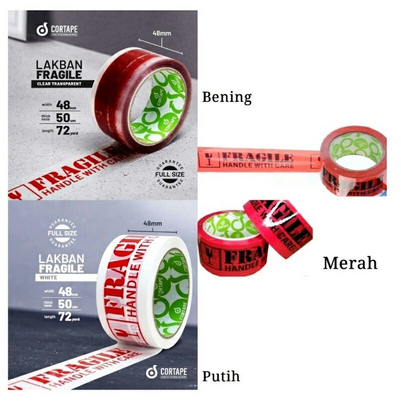 

Lakban FRAGILE 2" (48mmx72yard) Cortape Bening/Merah/Putih