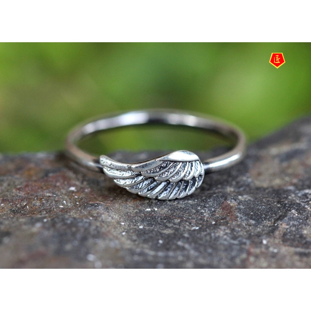 [Ready Stock]S925 Vintage Silver Owl Ring Love Feather Wings